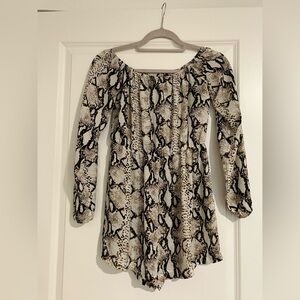 PrettyLittleThing snake print Bardot / off shoulder romper / playsuit. US 4